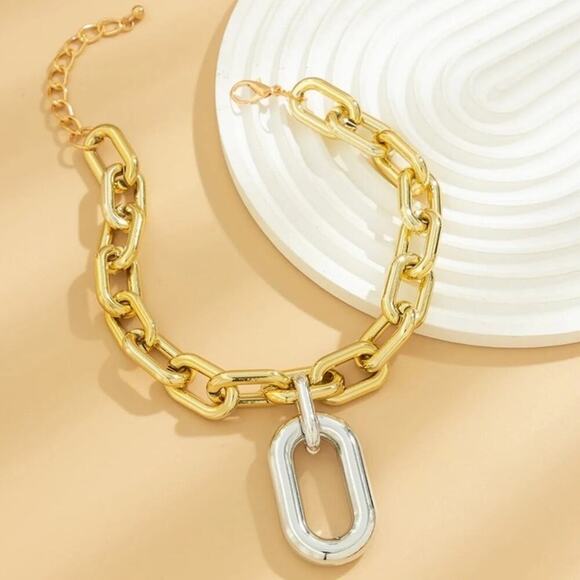 Gold Exaggerated Multilayer Statement Necklace Bicolor O Link Toggle - Picture 7 of 7